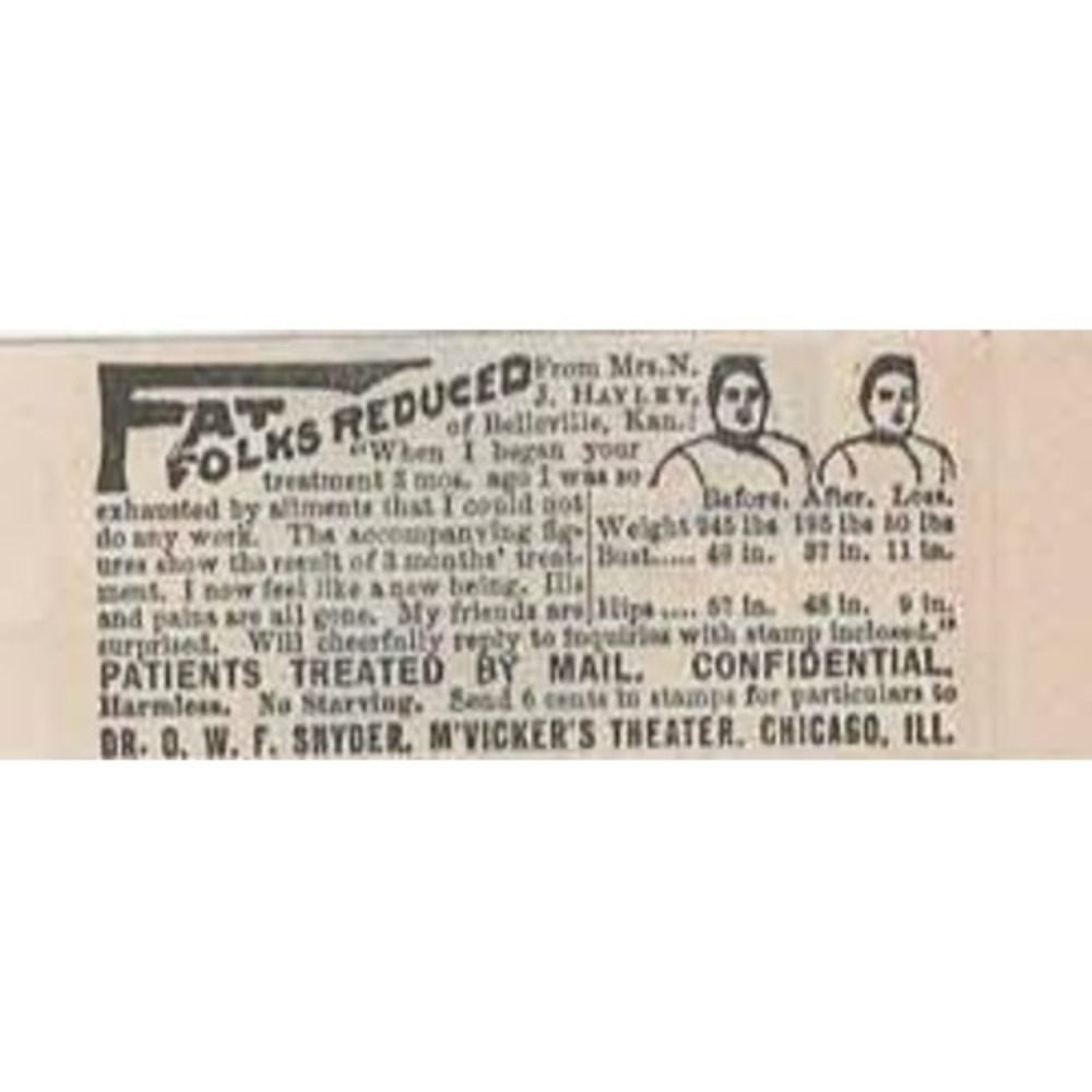 Fat Folks Reduced Advertisement Weight Loss Dr Snyder 1892 Print Ad - Picture 1 of 1
